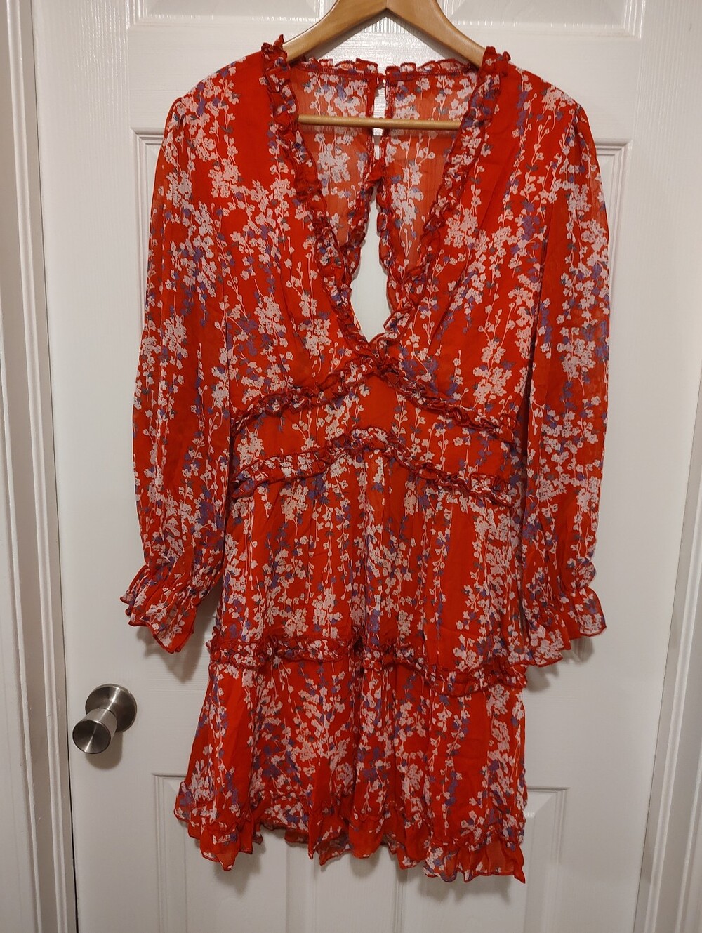 Red Floral Long-Sleeve Ruffle Tiered Dress